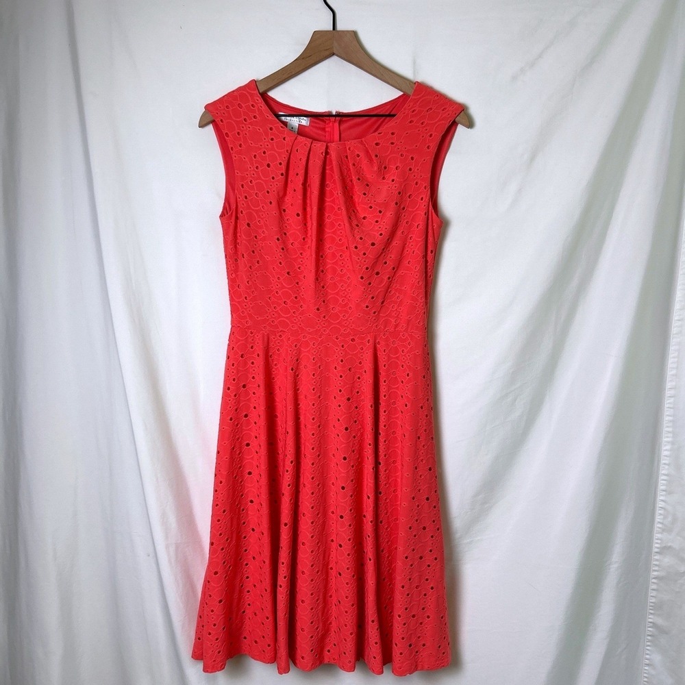 London Style Collection Women Eyelet Pleated Fit Flare Dress Size 6 Coral Pink